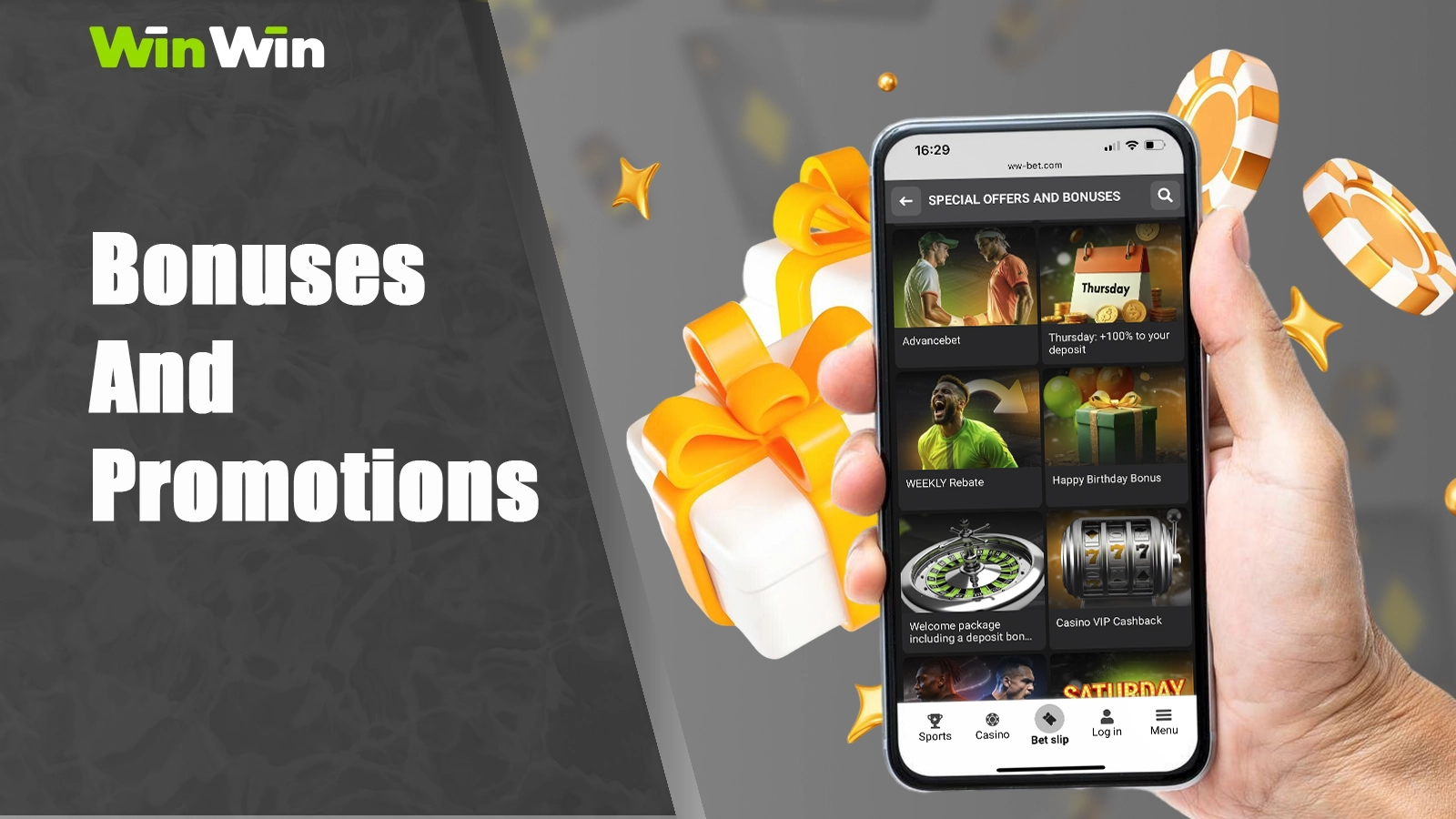 Bonuses and promotions in WinWin, welcome bonuses and cashback for new players, weekly promotions and tournaments with large prizes