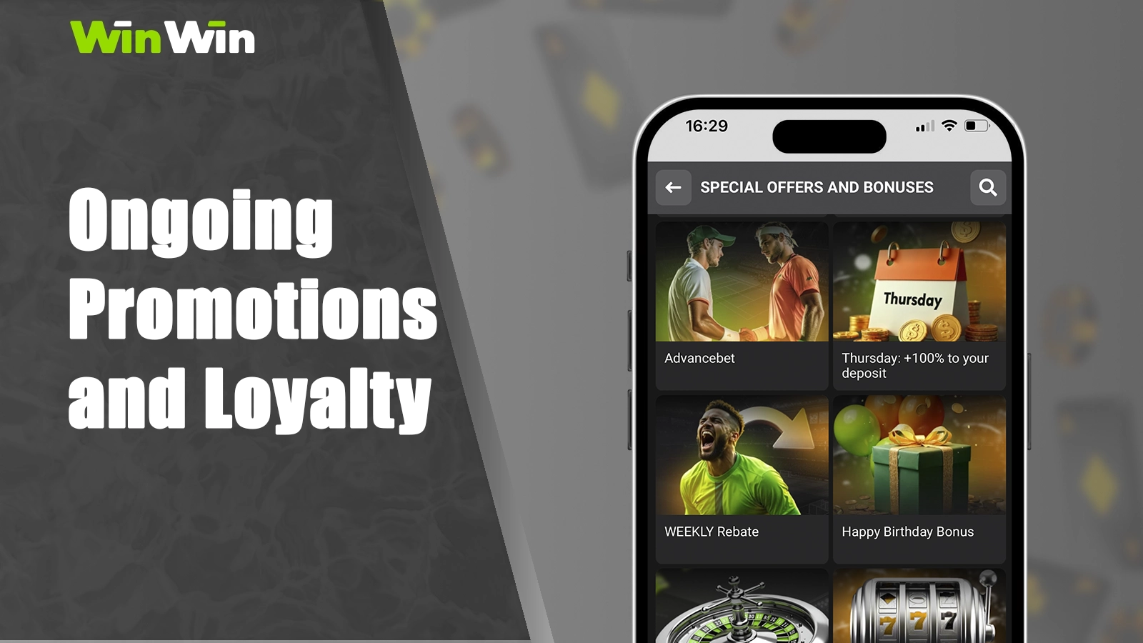 Promotions and bonuses in WinWin - double your deposit on Thursday! +100% to your deposit and special offers for regular players